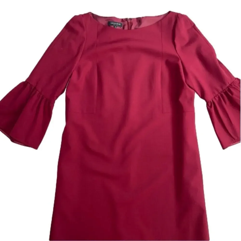 Lafayette 148 Lightweight Wool Cranberry Red Shift Dress Bell Sleeve Size M